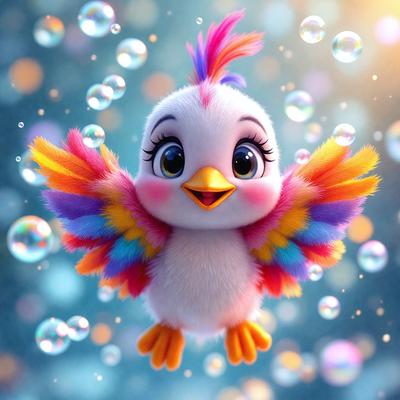 The primary subject of the image is a colorful bird, possibly a parrot, with a pink beak and a rainbow-colored tail. The bird is perched on a branch and appears to be smiling. The setting is a blue background with bubbles floating around the bird, creating a playful and lively atmosphere. The visual style is a combination of photo and digital art, with the bird's vibrant colors and the bubbles adding a sense of depth and movement to the image.